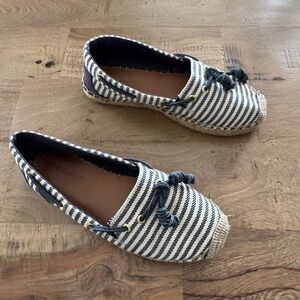 Sperry Slip On Navy Stripe Canvas Boat Shoe Size 7 Loafers espadrille Nautical